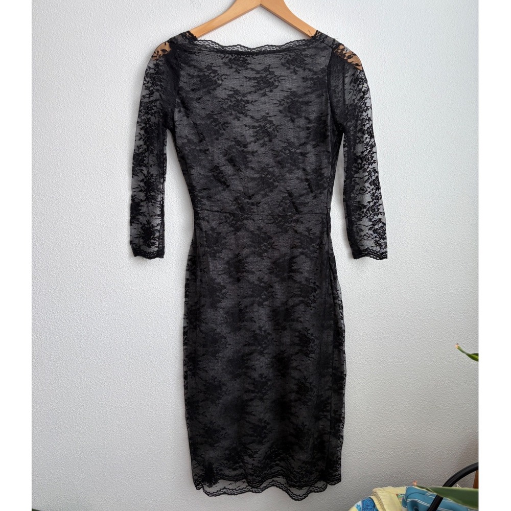 Zara Knit Black Floral Lace Wrap V-Neck Open Back Midi Dress 3/4 Sleeve Small